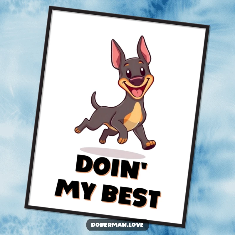 Funny Kawaii Doberman digital art print of a happy dog with a big grin, comically chasing its tail, printable wall decor.