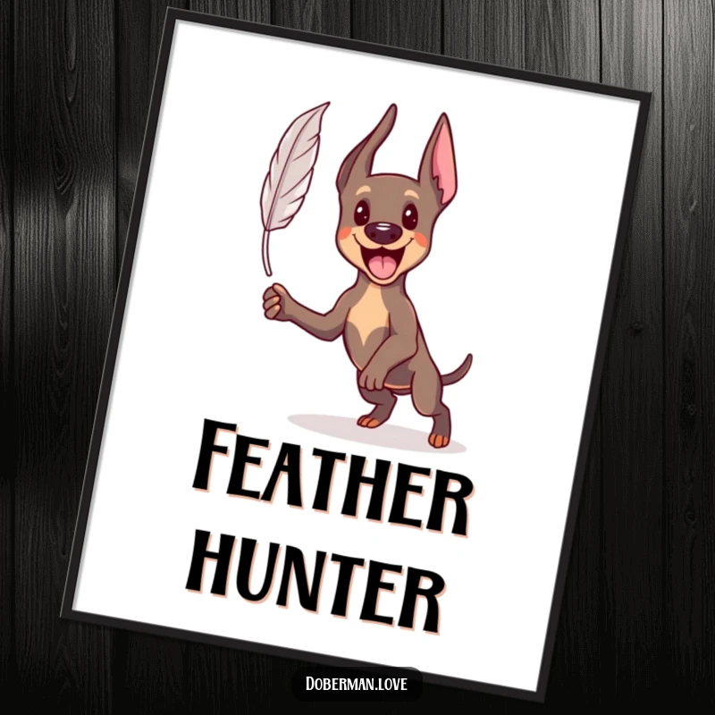 Funny Kawaii Doberman digital art print of an energetic dog leaping to catch a feather, printable wall decor with humor.