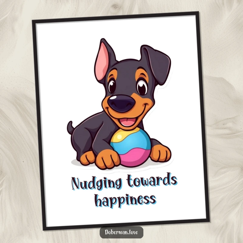 Funny Doberman Digital Art Print: Cheerful dog nudging a round, colorful toy, playful and humorous art.