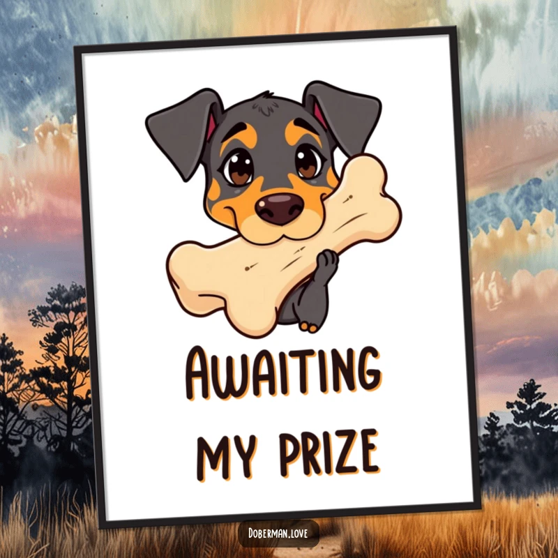 Funny Doberman Digital Art: Adorable kawaii dog with curious eyes sniffing a giant bone, charming art download.