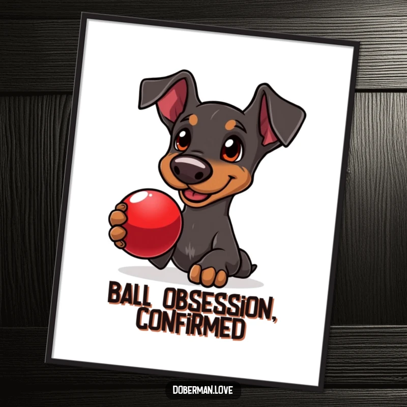 Funny Doberman digital art print of a delighted dog with adoring eyes, holding a shiny red ball, ready to play.