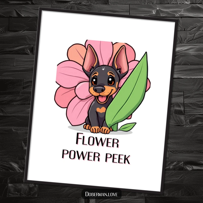 Funny Doberman cub peeking from a giant flower, a heartwarming and humorous digital art piece.