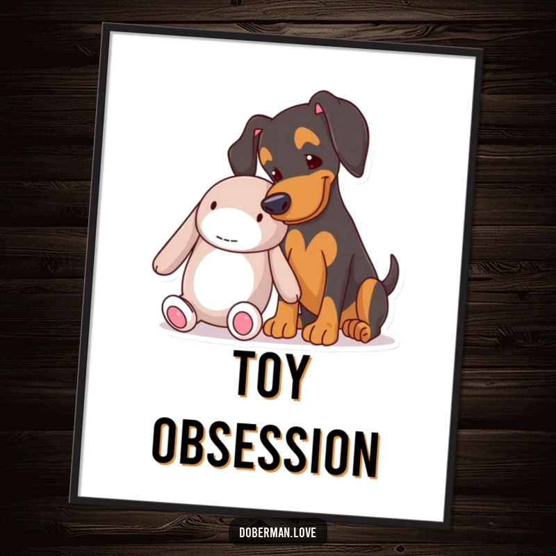 Funny Doberman playfully nudging a big soft toy, digital art print for instant humorous wall decor.
