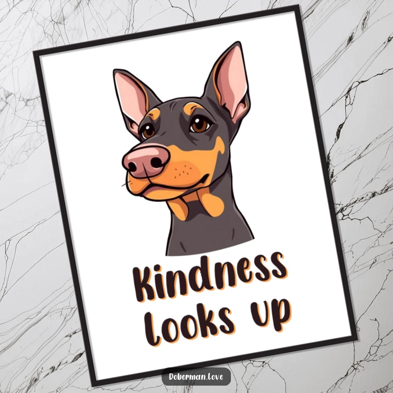 Funny Doberman Digital Art Print: Doberman with sharp but kind eyes looking upwards, high-quality humorous canine artwork for instant download.