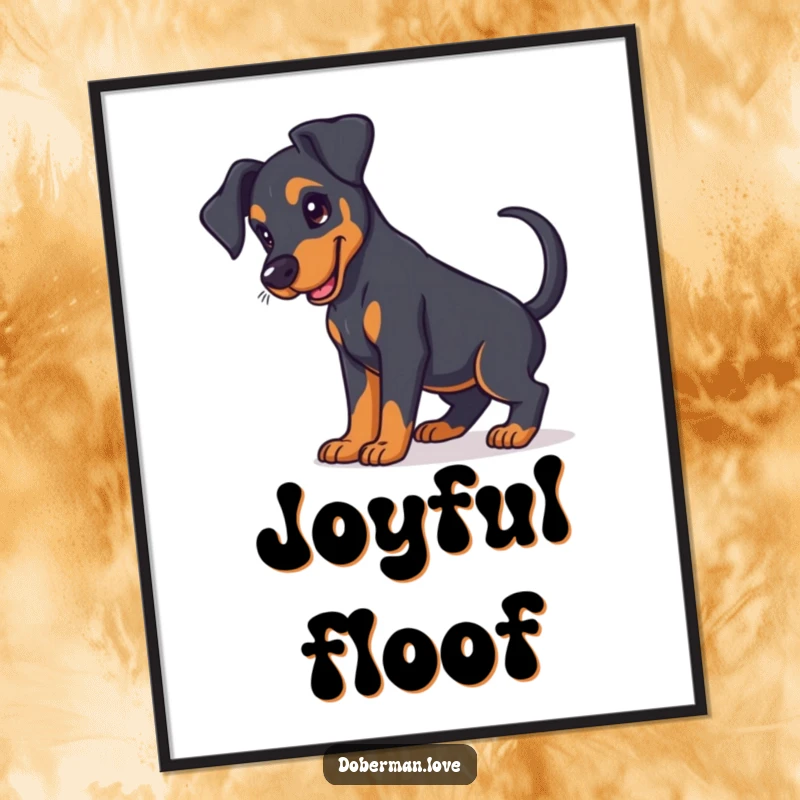 Funny Doberman puppy digital art print with floppy ears and a wagging tail, perfect for instant cute decor.