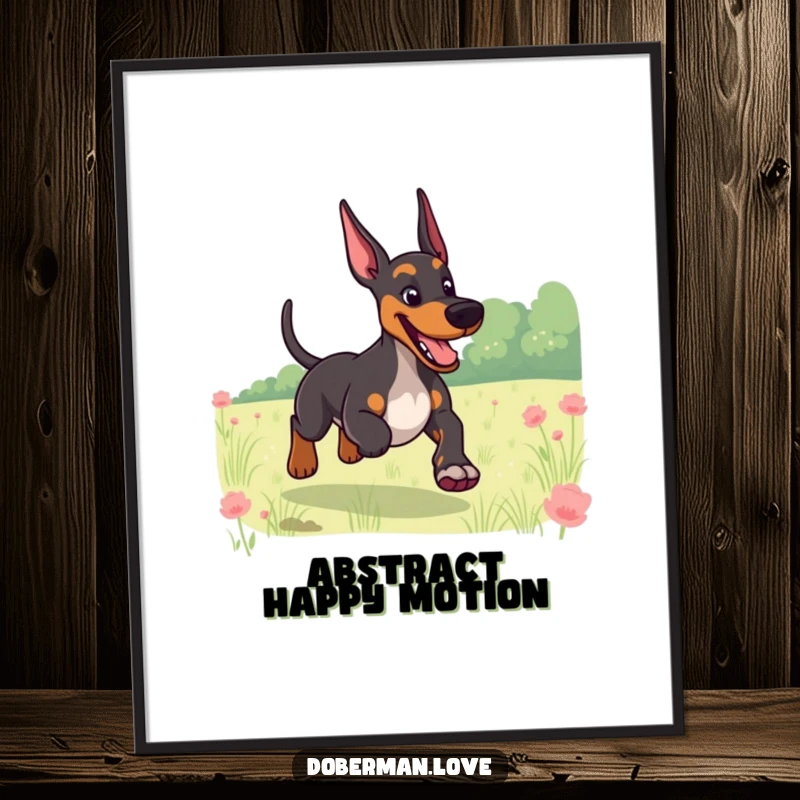 Funny digital art print of a giggling Doberman with a wagging tail, running through a field, perfect for cheerful decor.