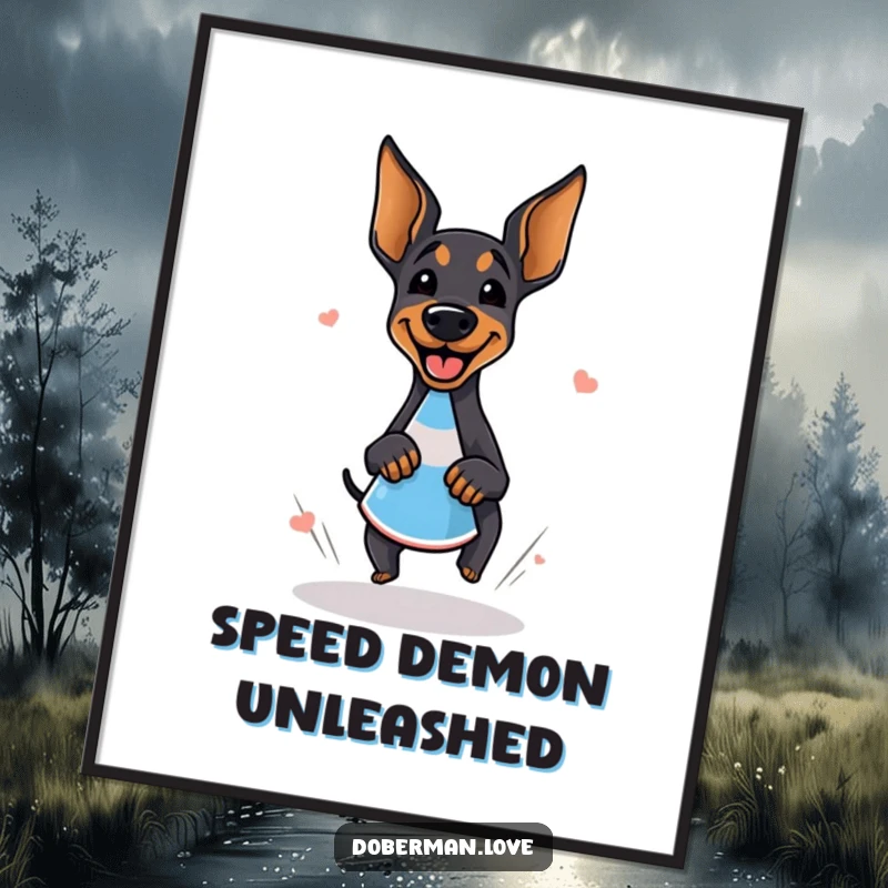 Funny doberman digital art print of a giggling dog doing a happy zoomie around a cone, perfect for instant wall decor.