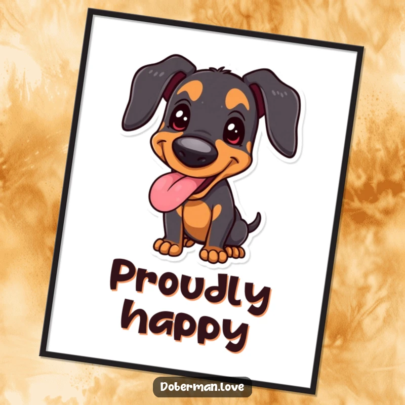 Funny joyful Doberman digital art print of a dog panting happily with a proud stance, conveying pure contentment and humor.