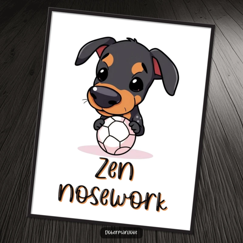 Funny Kawaii Doberman Digital Art Print of a dog balancing a small ball on its snout, for instant humor.