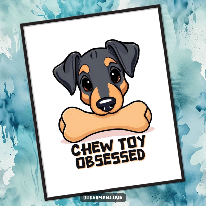 Funny Kawaii Doberman digital art print; a mischievous pup peeks from behind a large chew toy, adding humor.