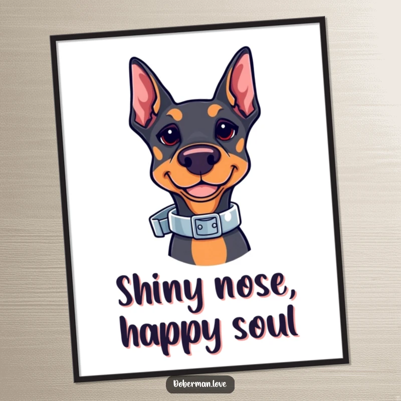 Funny Kawaii Doberman Digital Art Print featuring a cute doberman balancing a shiny collar. Whimsical dog illustration, perfect for wall art and immediate download.