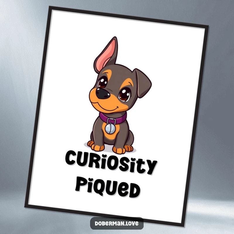 Funny Doberman Digital Art Print of a curious kawaii doberman puppy with a bell collar, inviting contemplation and smiles.