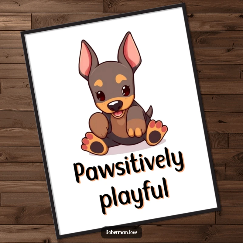 Funny Doberman Puppy Digital Art Print of a kawaii doberman with huge paws, enthusiastically playing, a vibrant and humorous piece.