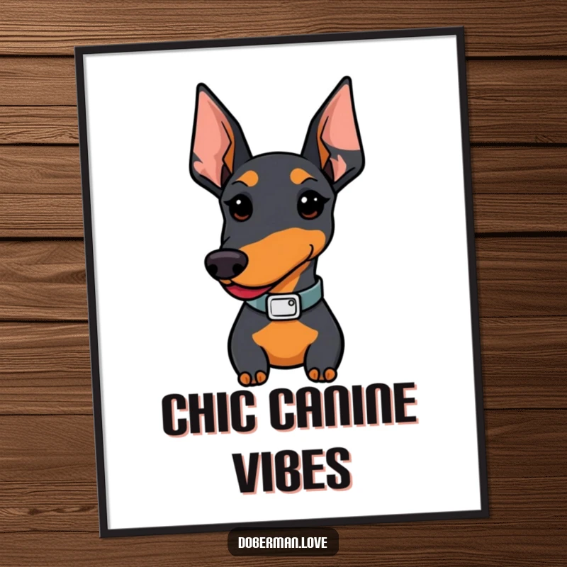 Funny Kawaii Doberman digital art print; a proud dog proudly displays its stylish collar, ready to impress.