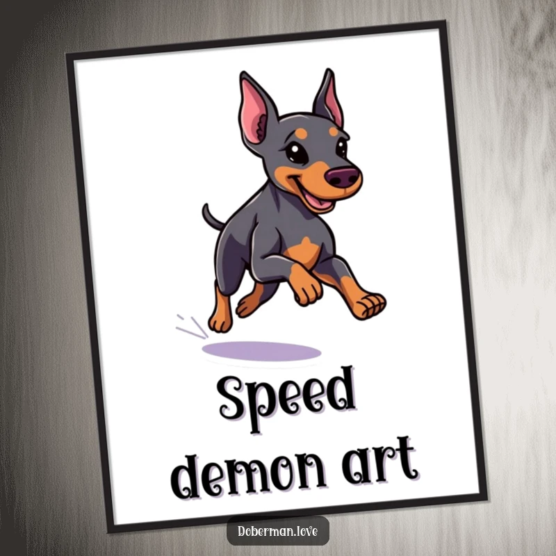 Funny little Doberman digital art print of a dog with a sleek coat running with speed, conveying energy and humor.