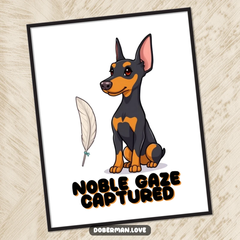 Funny Digital Art Print of a Doberman in a proud stance observing a fluttering feather, perfect for elegant and contemplative decor.