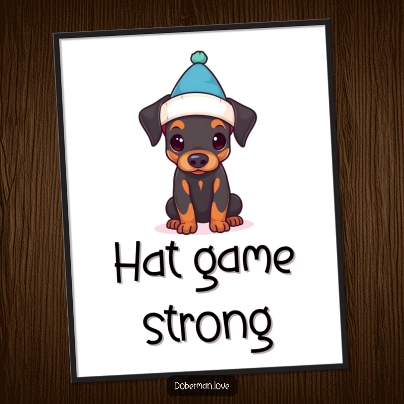 Funny digital art print of a Doberman puppy looking utterly charming while attempting to wear a comically small hat.