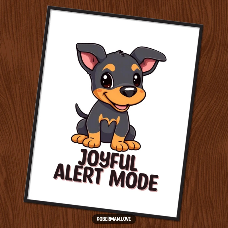 Funny Kawaii Doberman Puppy Digital Art Print: A Doberman puppy with alert ears and wagging tail, instant funny decor.
