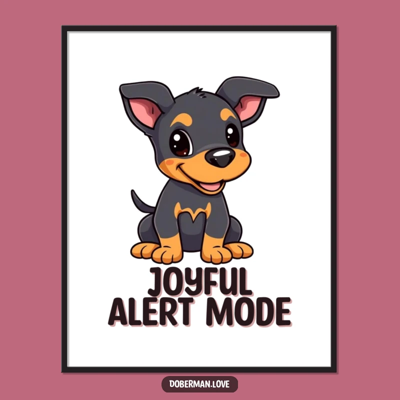 Funny Kawaii Doberman Puppy Digital Print: Joyful Alert Dog Wall Art Gift!
