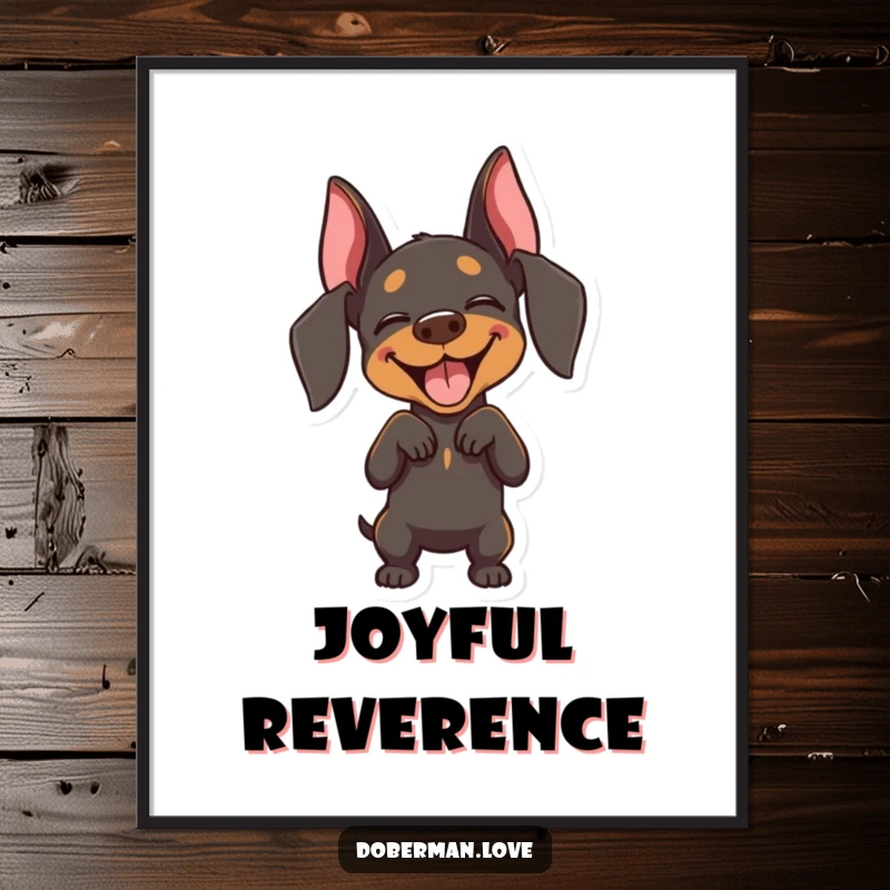 Funny Doberman digital art print of a joyful dog with closed eyes, performing a playful bow with sheer happiness.