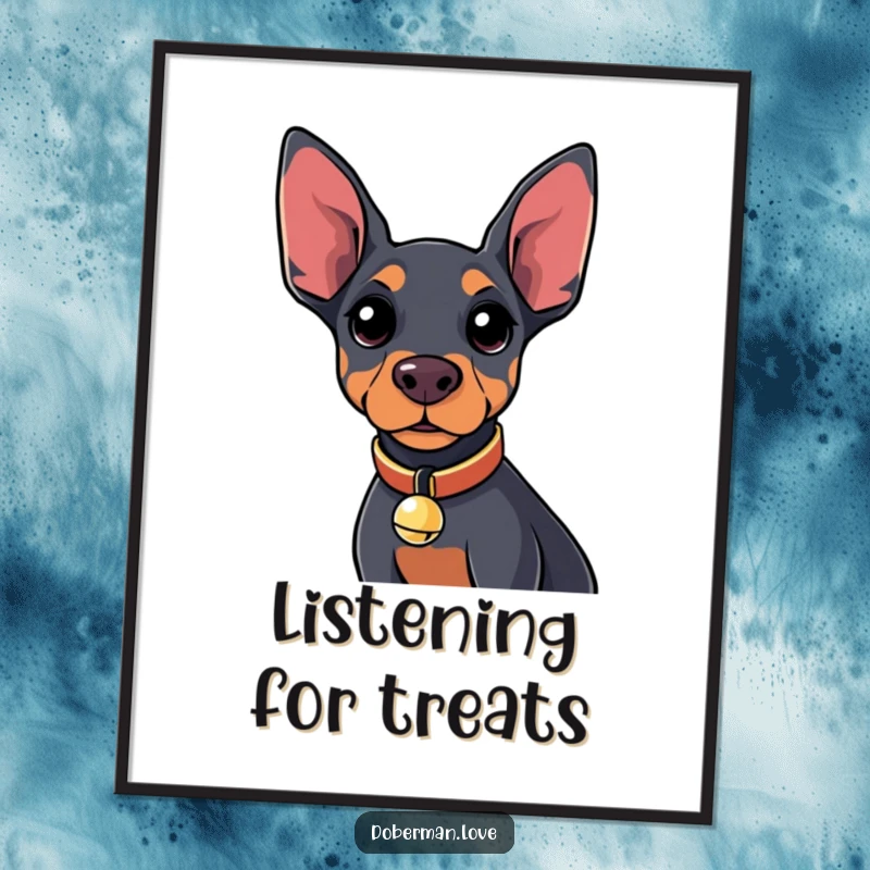 Funny Kawaii Doberman Digital Art Print of a curious dog with a tiny bell collar, for instant humor.