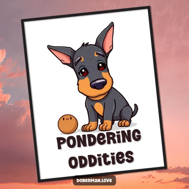 Funny Doberman digital art print of a dog tilting its head, sniffing an odd object with hilarious curiosity.