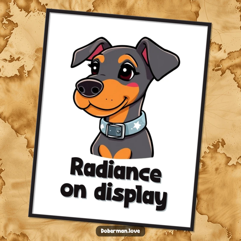 Funny doberman digital art print of a whimsical dog wearing a stylish collar that sparkles brightly, perfect for chic decor.