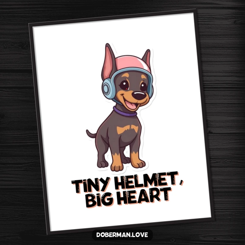 Funny Doberman puppy digital art print of a smiling puppy wearing a helmet, standing alert, exuding cute bravery and readiness for action.