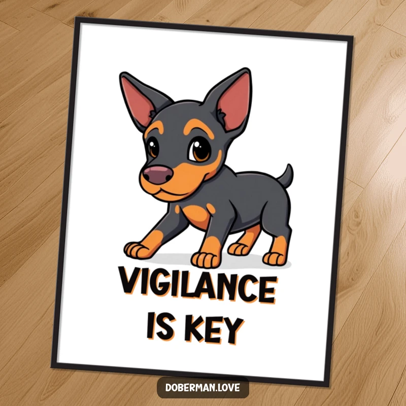 Funny Protective Doberman Digital Art Print: a sleek-eared kawaii dog in a protective stance, bringing vigilance and cute humor.