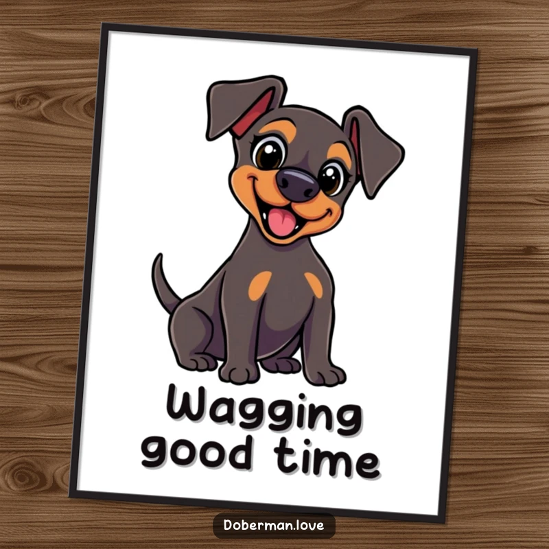 Funny kawaii Doberman digital art print with wide, excited eyes and a vigorously wagging tail, perfect for instant energetic decor.
