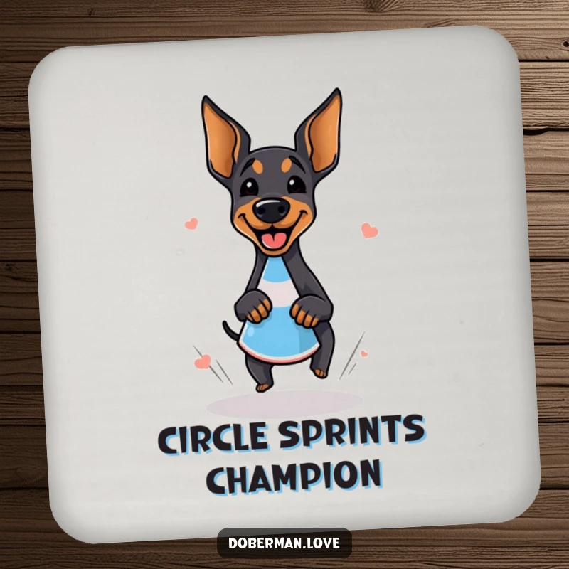 Funny doberman coaster set depicting a giggling dog doing a happy zoomie around a cone, adding humor to drink service.