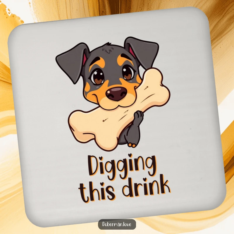 Funny Doberman Coaster: Cute kawaii dog with curious eyes sniffing a giant bone, a humorous and protective accessory.