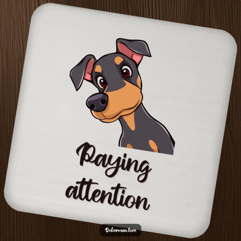 Funny Doberman drink coaster with a curious dog tilting its head with attentive eyes, protecting tables with doggy charm.