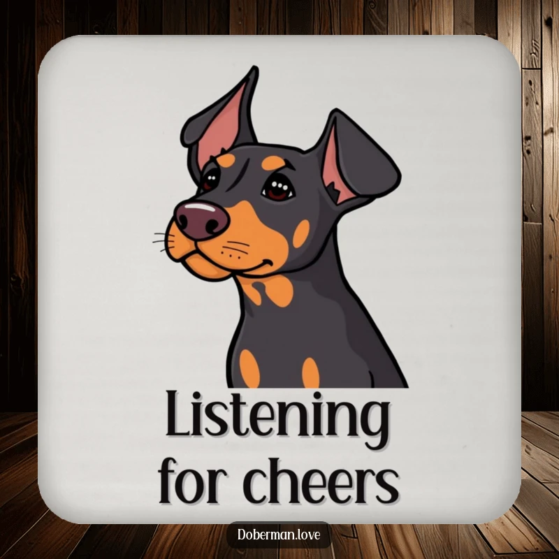 Funny Doberman with ears perked, listening intently, featured on a protective and amusing drink coaster.