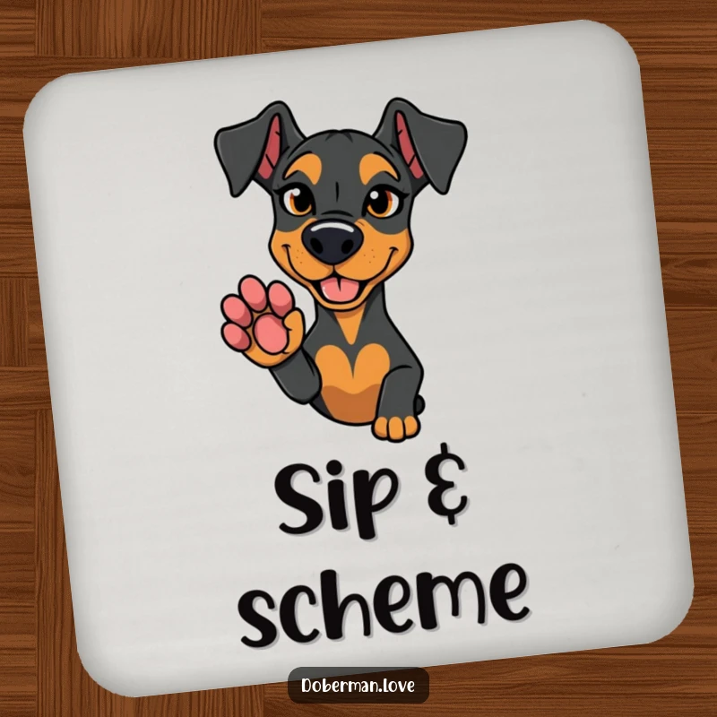 Funny coaster depicting a Doberman dog with a mischievous glint, offering its paw for a playful agreement.