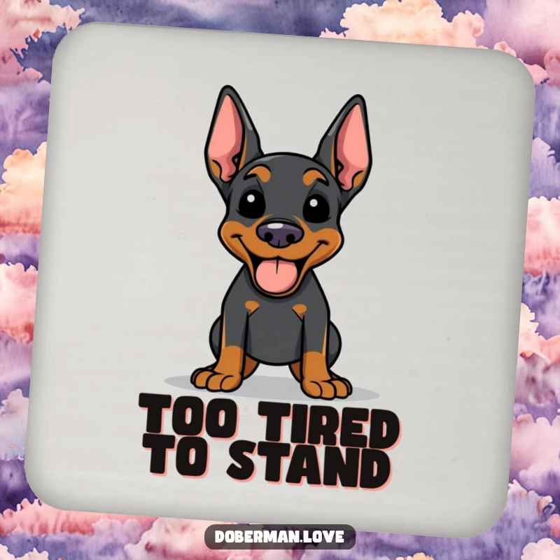Funny Doberman drink coasters featuring a happy dog panting with its tongue out, protecting furniture with a dose of canine humor.