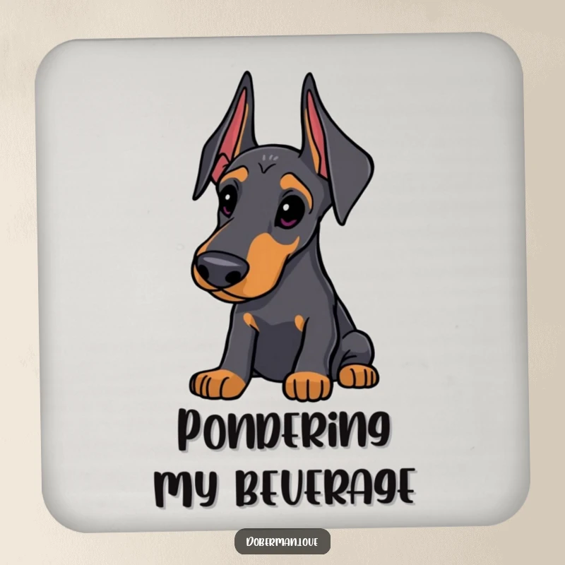 Funny Doberman Coasters: Sleek dog with alert ears, looking thoughtfully curious, protective and humorous coasters for tables.
