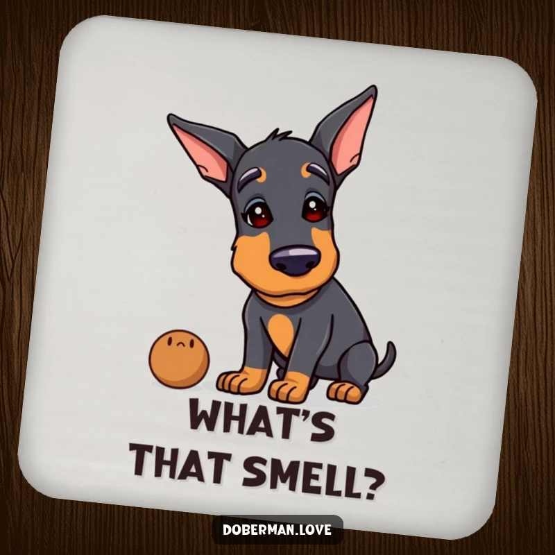 Funny Doberman drink coaster with a dog tilting its head curiously, sniffing an object, a humorous addition to any table.