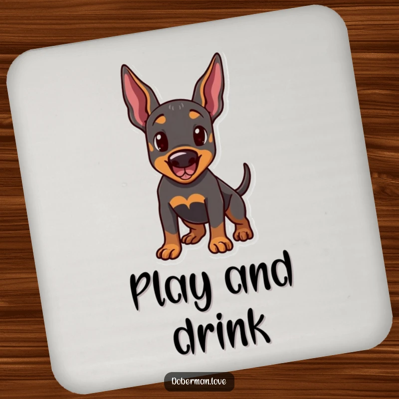 Funny drink coaster showcasing a Doberman dog in a playful stance, ears perked and tail wagging. Protects surfaces with humorous dog art.