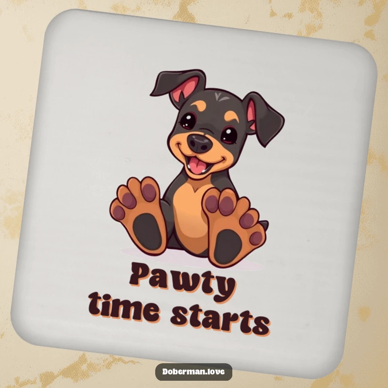 Funny kawaii doberman puppy with oversized paws, enthusiastically playing, printed on a protective drink coaster.