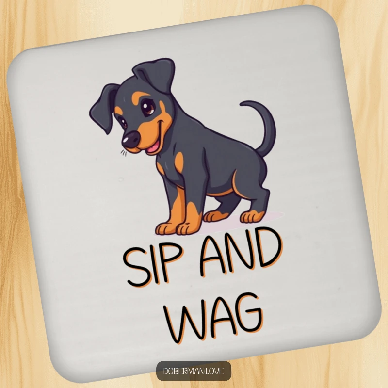 Funny Doberman puppy coasters with floppy ears and a wagging tail, providing both surface protection and adorable appeal.
