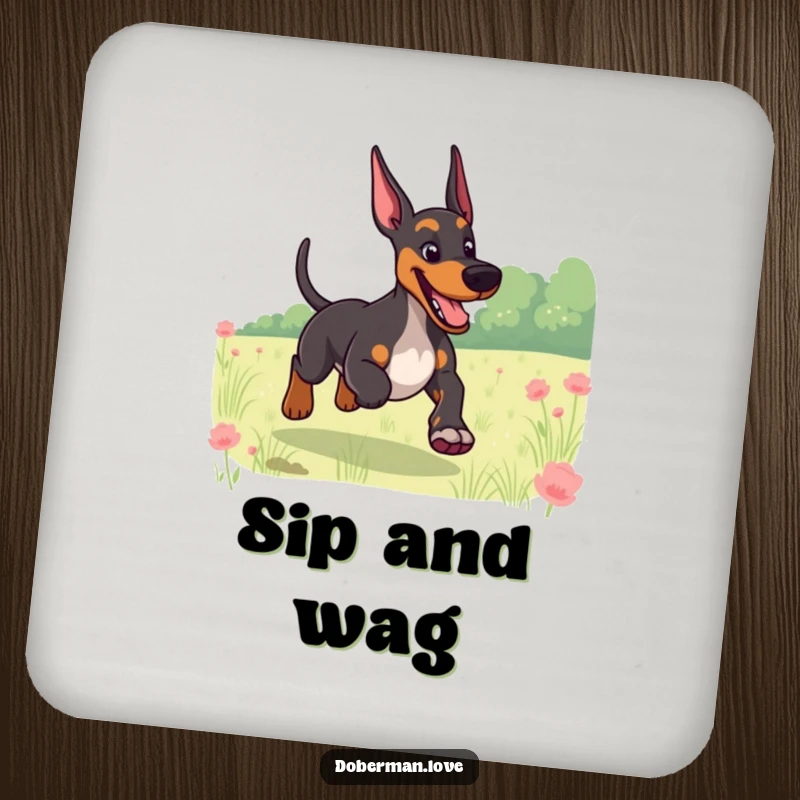 Funny drink coaster depicting a giggling Doberman with a wagging tail, running through a field, adding happy humor.