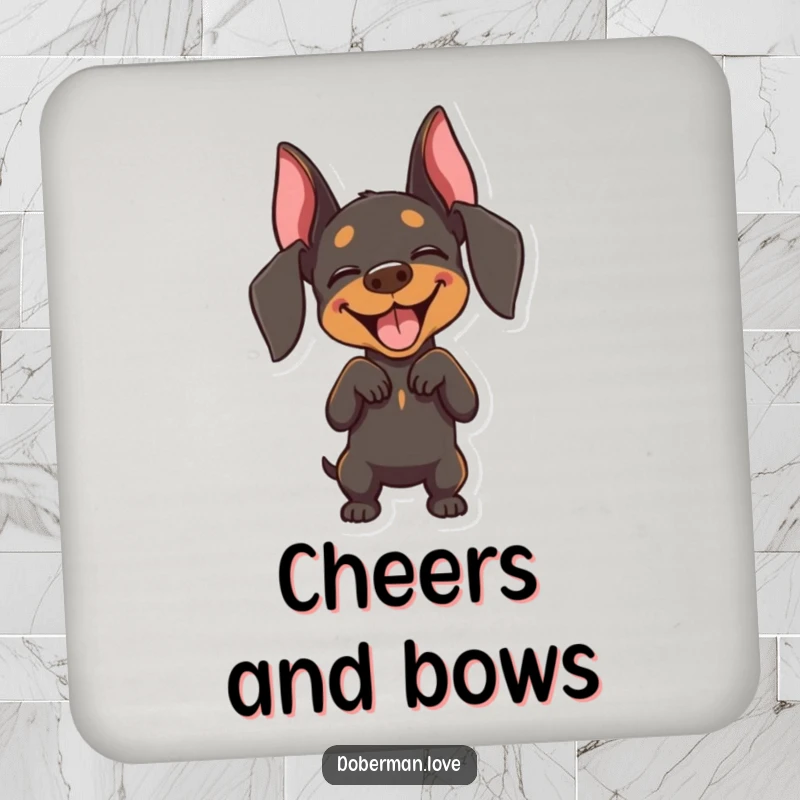 Funny Doberman drink coaster featuring a joyful dog performing a playful bow, a humorous and stylish addition to any table.
