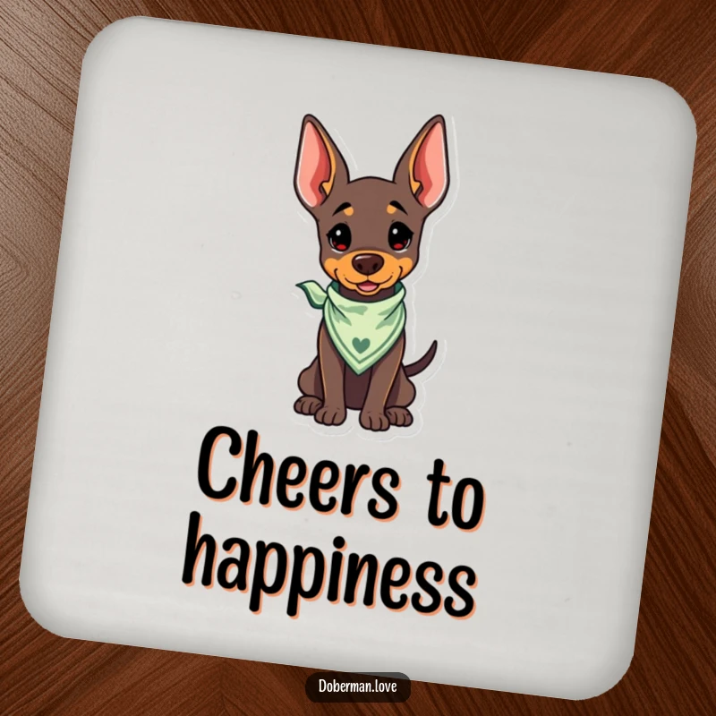 Funny Kawaii Doberman Coaster with a bandana and wagging tail, for tabletop happy humor.