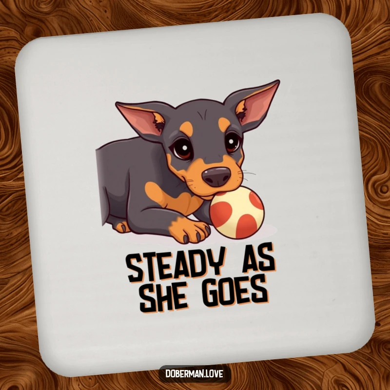 Funny Doberman Coaster with a kawaii doberman puppy intently balancing a ball on its snout, protecting surfaces humorously.