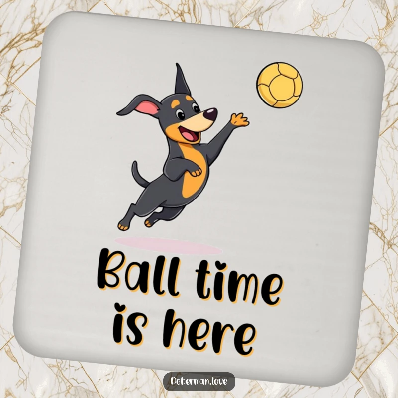 Funny kawaii Doberman coaster featuring a dog playfully leaping to catch a ball, adding cute and humorous action to surfaces.