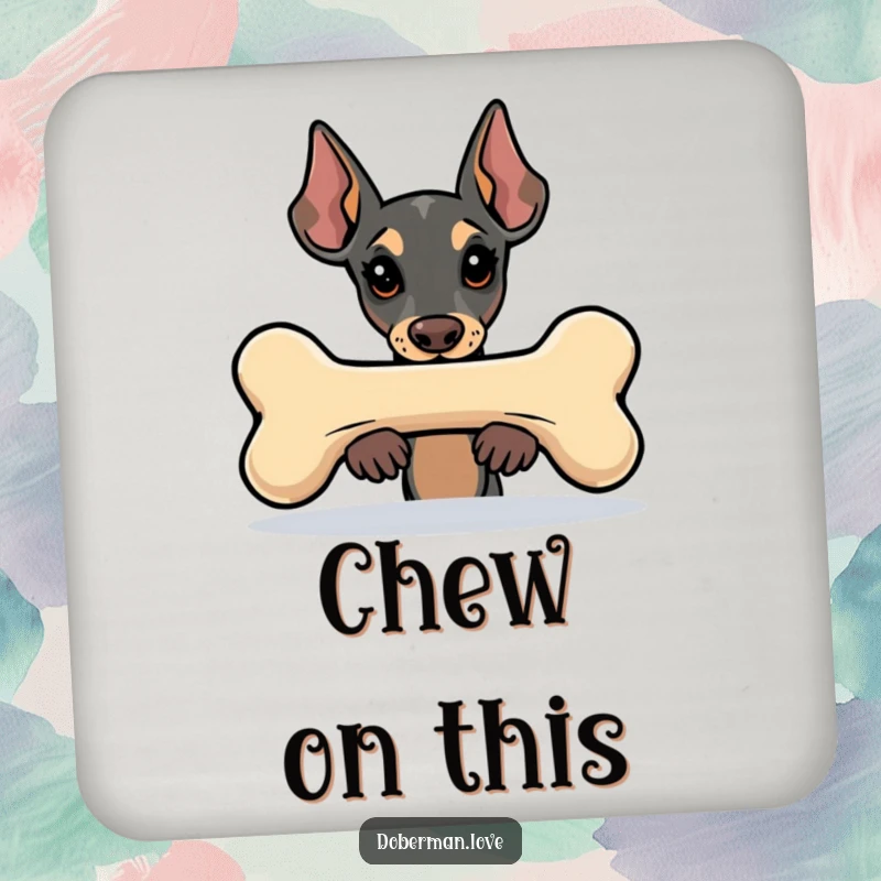 Funny Kawaii Doberman drink coasters showing a dog peeking from behind a large bone, protecting surfaces with humor.
