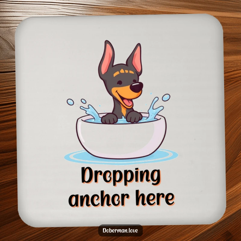 Funny Doberman Coaster: Cute kawaii dog splashing water, a humorous and protective addition to any table.