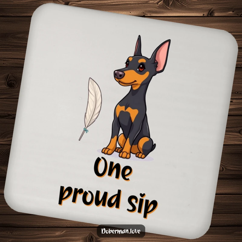 Funny Coaster showcasing a proud Doberman observing a fluttering feather, protecting surfaces with elegant dog charm.