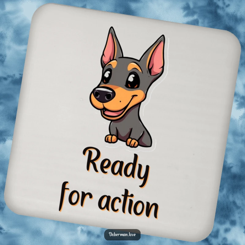 Funny smiling Doberman coaster, alert and ready for action, protecting surfaces with canine confidence and humor.
